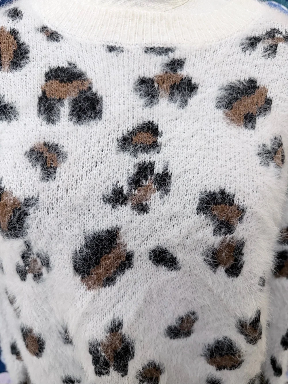 Newbury Kustom Medium Fuzzy Leopard Print Ivory Sweater